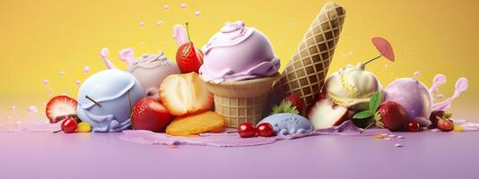 AI generated Banner with ice cream in a waffle cone on a summer day. Generative AI photo