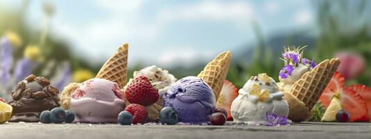 AI generated Banner with ice cream in a waffle cone on a summer day. Generative AI photo