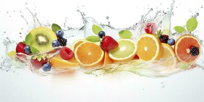 AI generated Swirl water splash with fruits. liquid flow with ice cubes and a mix of fresh fruits. Generative AI photo