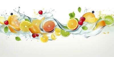 AI generated Swirl water splash with fruits. liquid flow with ice cubes and a mix of fresh fruits. Generative AI photo