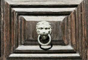 un león cabeza en un de madera puerta foto