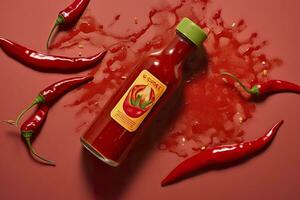 AI generated Tabasco hot pepper sauce with red chili pepper, flat lay. Generative AI photo