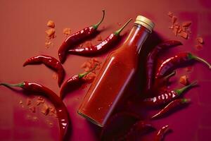 AI generated Tabasco hot pepper sauce with red chili pepper, flat lay. Generative AI photo