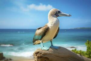 AI generated The rare blue-footed booby rests on the beach. AI Generated photo