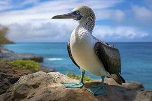 AI generated The rare blue-footed booby rests on the beach. AI Generated photo