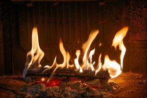 Wood burning in the fireplace photo