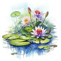 AI generated Water Lily in Pond. Watercolor design. AI Generated photo