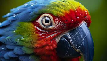 AI generated Tropical macaw perched, vibrant feathers in focus. Generative AI photo