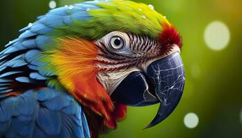 ai generado tropical guacamayo encaramado, vibrante plumas en enfocar. generativo ai foto