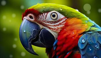 AI generated Tropical macaw perched, vibrant feathers in focus. Generative AI photo