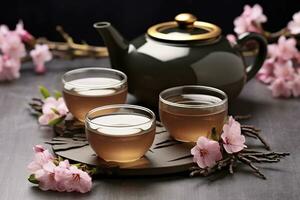 AI generated Traditional ceremony. Cups of brewed tea, teapot and sakura flowers on grey table. Generative AI photo