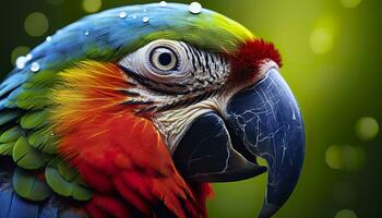 AI generated Tropical macaw perched, vibrant feathers in focus. Generative AI photo