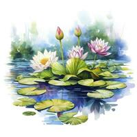 AI generated Water Lily in Pond. Watercolor design. AI Generated photo