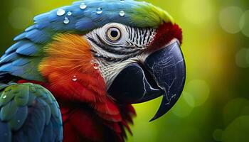 ai generado tropical guacamayo encaramado, vibrante plumas en enfocar. generativo ai foto