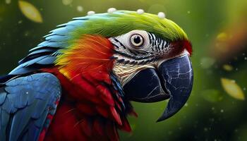 ai generado tropical guacamayo encaramado, vibrante plumas en enfocar. generativo ai foto