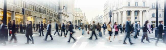 ai generado caminando personas difuminar. un montón de personas caminar en el ciudad de Londres. amplio panorámico ver de personas cruce el la carretera. ai generado foto