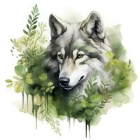 AI generated Wolf animal in greenery for kids emotional watercolors. AI Generated photo