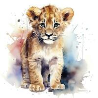 AI generated Watercolor Baby Lion. AI Generated photo