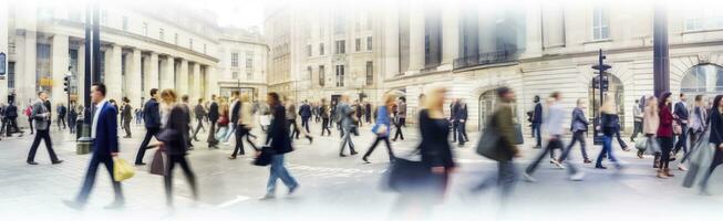 ai generado caminando personas difuminar. un montón de personas caminar en el ciudad de Londres. amplio panorámico ver de personas cruce el la carretera. ai generado foto