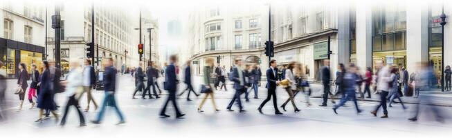 ai generado caminando personas difuminar. un montón de personas caminar en el ciudad de Londres. amplio panorámico ver de personas cruce el la carretera. ai generado foto