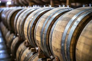 AI generated Wooden oak Port barrels in neat rows. AI Generated photo