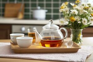 ai generado de madera bandeja con tetera, tazas de natural manzanilla té y flores en mesa. generativo ai foto