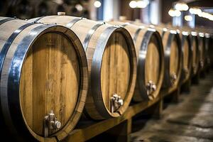 AI generated Wooden oak Port barrels in neat rows. AI Generated photo