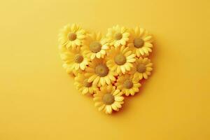 AI generated Yellow Heart Shaped By Yellow Daisies Over Yellow Background. AI Generated photo
