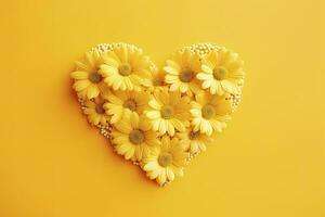 AI generated Yellow Heart Shaped By Yellow Daisies Over Yellow Background. AI Generated photo