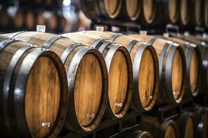 AI generated Wooden oak Port barrels in neat rows. AI Generated photo