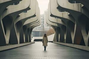 AI generated Woman walking in futuristic brutalist city street.  AI Generated. photo