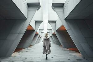 AI generated Woman walking in futuristic brutalist city street.  AI Generated. photo