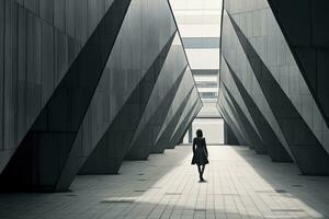 ai generado mujer caminando en futurista brutalista ciudad calle. ai generado. foto