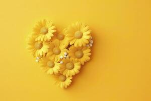 AI generated Yellow Heart Shaped By Yellow Daisies Over Yellow Background. AI Generated photo