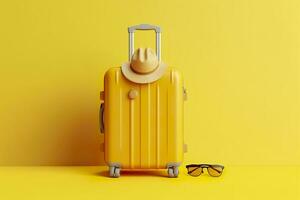 AI generated Yellow suitcase with sun glasses and hat on yellow background. travel concept. Generative AI photo