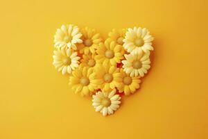 AI generated Yellow Heart Shaped By Yellow Daisies Over Yellow Background. AI Generated photo