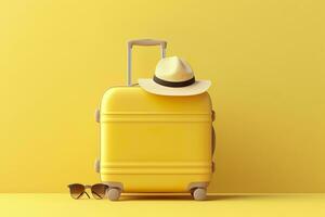 AI generated Yellow suitcase with sun glasses and hat on yellow background. travel concept. Generative AI photo