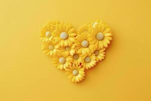 AI generated Yellow Heart Shaped By Yellow Daisies Over Yellow Background. AI Generated photo