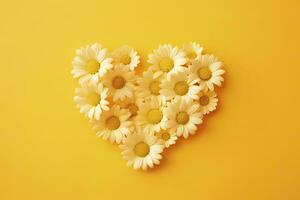 AI generated Yellow Heart Shaped By Yellow Daisies Over Yellow Background. AI Generated photo