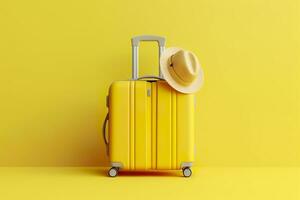 AI generated Yellow suitcase with sun glasses and hat on yellow background. travel concept. Generative AI photo