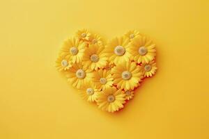 AI generated Yellow Heart Shaped By Yellow Daisies Over Yellow Background. AI Generated photo