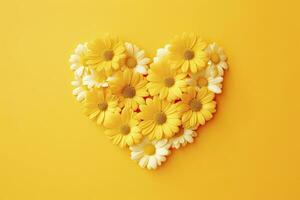 AI generated Yellow Heart Shaped By Yellow Daisies Over Yellow Background. AI Generated photo