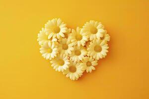 AI generated Yellow Heart Shaped By Yellow Daisies Over Yellow Background. AI Generated photo