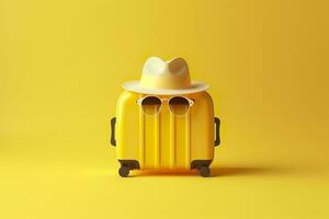 AI generated Yellow suitcase with sun glasses and hat on yellow background. travel concept. Generative AI photo