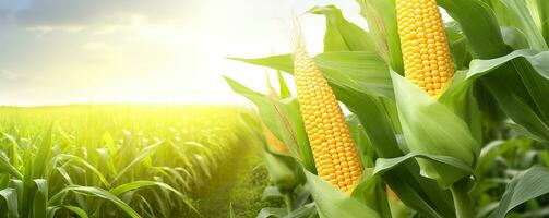 ai generado de cerca maíz mazorcas en maíz plantación campo. generativo ai foto