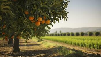 AI generated An orange tree is in the foreground with a farm field background. Generative AI photo