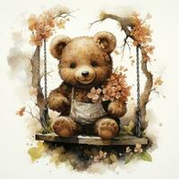 AI generated A cute happy teddy bear swings on a tree on a white background. AI Generated photo