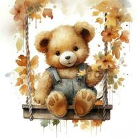 AI generated A cute happy teddy bear swings on a tree on a white background. AI Generated photo