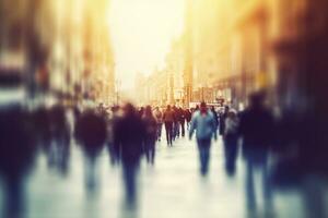 ai generado borroso negocio personas caminando en el ciudad bohordo. ai generado foto