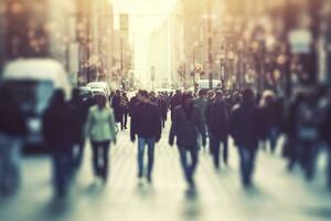 ai generado borroso negocio personas caminando en el ciudad bohordo. ai generado foto